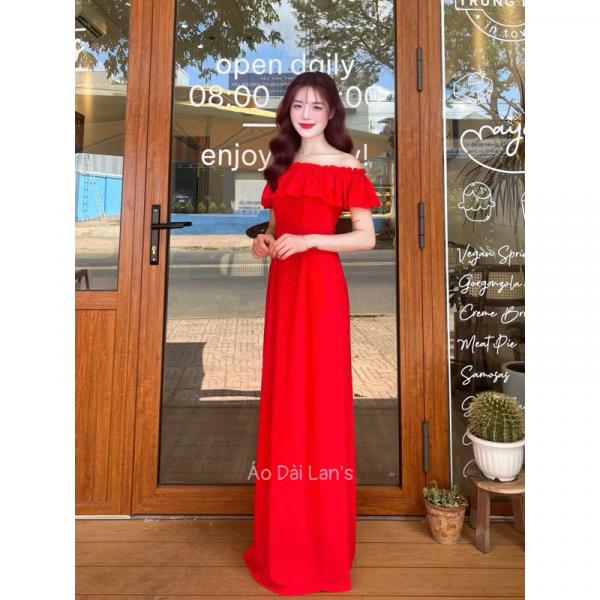 ( ÁO LẺ KHÔNG QUẦN ) Áo dài Lễ Tân cổ hở bẹt vai gợi cảm dễ thương.