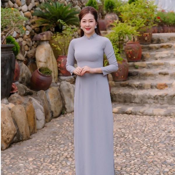 A950 bộ áo dài lam cổ cao lụa Mỹ - Áo dài Vân Phan (ÁO + QUẦN)