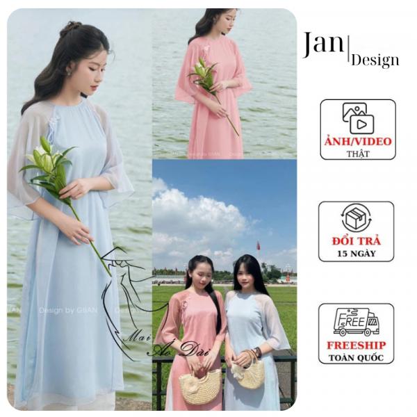 Áo cách tân nữ , áo dài mùa thu tơ óng lót lụa 4 tà màu xanh hồng nhẹ nhàng- Store Jan