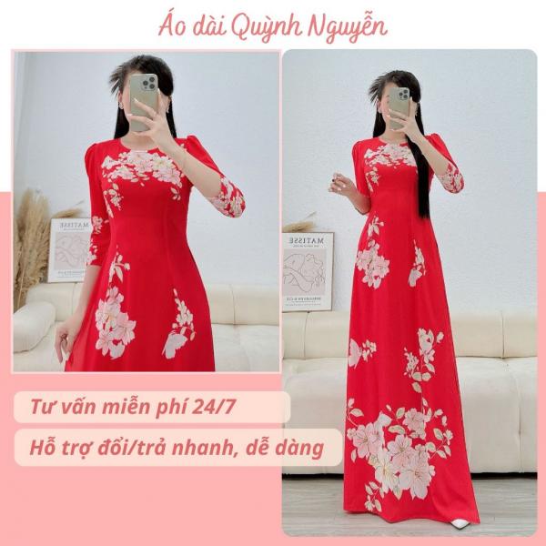 Áo dài, áo dài lụa nhật in 6d sắc nét áo dài thiết kế tay phồng Áo dài Quỳnh Nguyễn MÃ N44