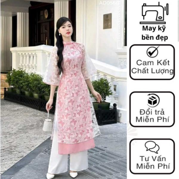 Áo Dài Cách Tân 2 Lớp 4 Tà  Cổ Lệch Cách Điệu Tay Loe Với 2 Tông Màu Hồng Baby Và Đỏ Hàng May Sẵn