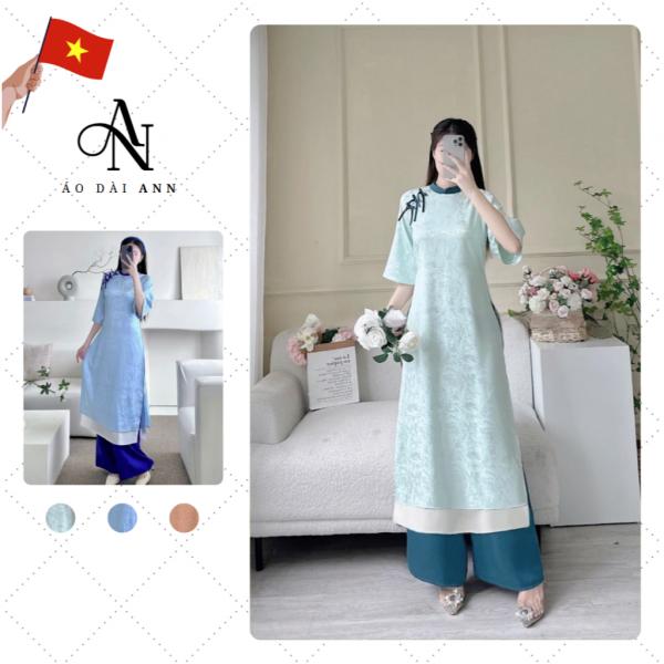 Áo dài cách tân 4 tà dáng suông Gấm họa tiết, cổ phối màu, tay lỡ - AodaiANN