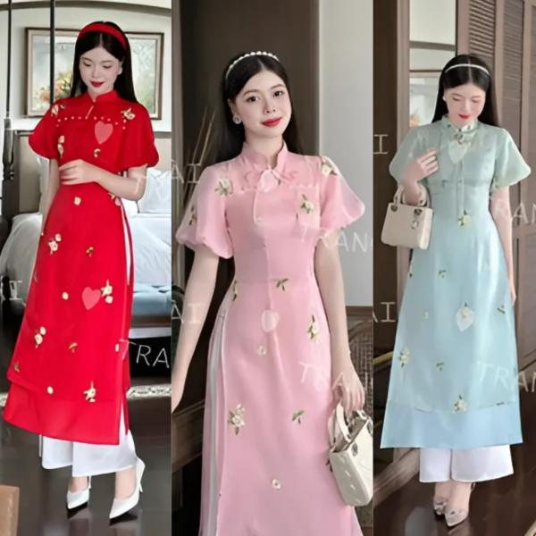 ÁO DÀI Cách tân 4tà tay bồng phối nơ chất liệu voan tơ thêu hoa