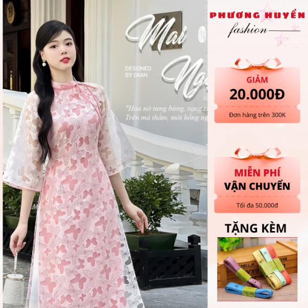 Áo dài cách tân áo dài cao cấp 4 tà cổ lệch tay loe chất liệu voan in hoa phối lót lụa-Phương Huyền Store