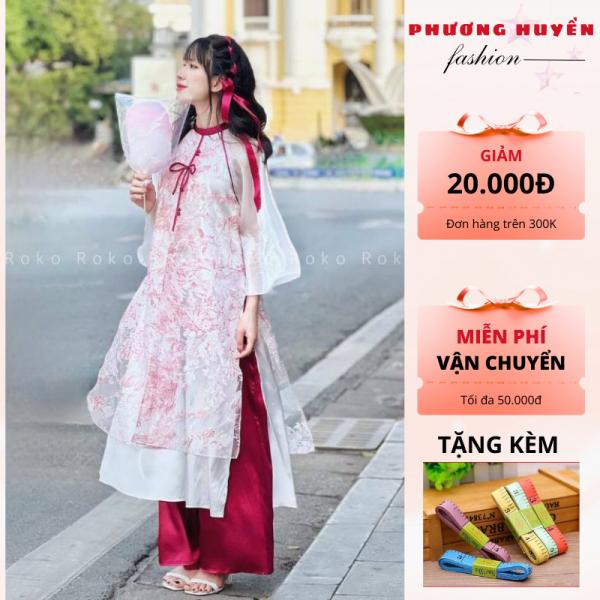 Áo dài cách tân  áo dài cao cấp thiết kế 4 tà tơ oranga xẻ tà trước phối quần màu đỏ- Phương Huyền Store