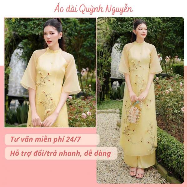 Áo dài cách tân, áo dài thiết kế ngọc mai vàng đính hoa nổi  trẻ trung Áo dài Quỳnh Nguyễn MÃ TK109
