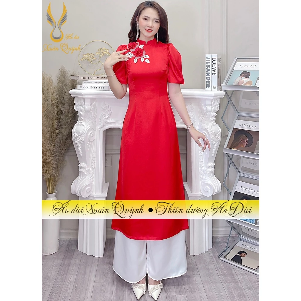 Áo Dài Cách Tân Đỏ Đính Kết Hoa Lụa Duyên Dáng, Lụa Tây Thi Cao Cấp H97 - Áo Dài Xuân Quỳnh
