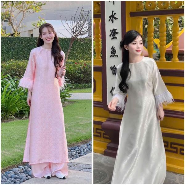 Áo Dài Cách Tân Gấm Mộc Liên Hoa Gió Cổ Tròn Tay Lông Vũ 3 Màu