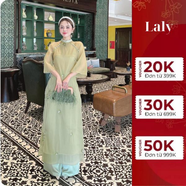 Áo dài cách tân Nhã Kỳ áo dài 4 tà dáng xuông đính cúc bọc tay loe chất liệu tơ nhăn thêu hoa cao cấp- Laly Store