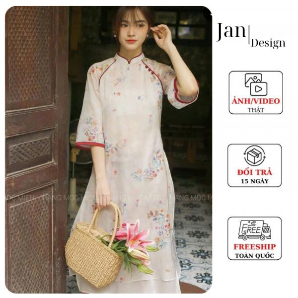 Áo dài cách tân nữ 4 tà chất liệu voan in hoa đẹp mềm mại phối quần lụa mềm mại- Jan Design