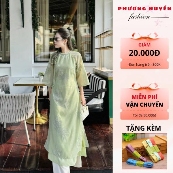 Áo dài cách tân nữ áo dài 4 tà suông thêu hoa quỳnh nót lụa mềm mại - Phương Huyền Store