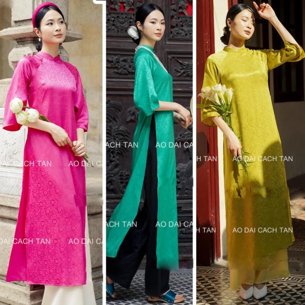 Áo dài cách tân nữ chất liệu Gấm tơ dáng suông tay loe mặc sự kiện lễ tết đều đẹp
