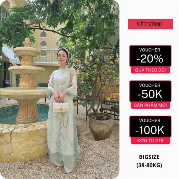 Áo dài cách tân nữ KÈM QUẦN 4 tà thiết kế thêu hoa phối tay bồng cánh tiên vải tơ mềm cao cấp - Việt Store
