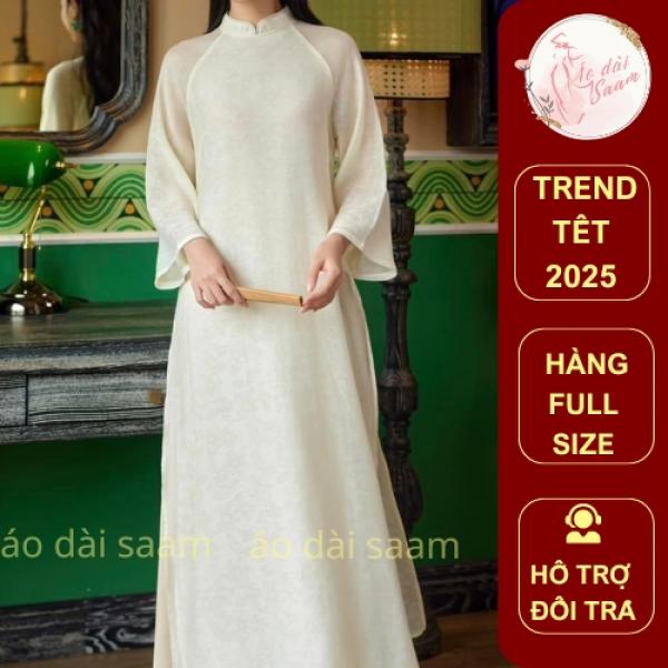 Áo dài cách tân nữ  Mộc Miên màu be Áo dài Saam tay lỡ  sáng hot thiết kế cao cấp trend Tết 2025