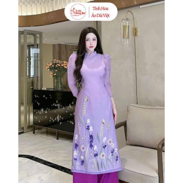Áo dài cách tân nữ Phi Yến tím cà 4 tà, vai bồng, thêu kết hoa thủ công - Áo Dài Hoàng Mai