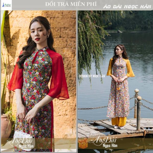 Áo Dài Cách Tân Nữ Tay Ngắn Vải Hoa Lụa A16