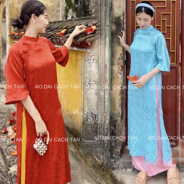 Áo dài cách tân nữ tết 2025 dáng suông tay lỡ kèm nơ vai mặc sự kiện lễ tết đều đẹp