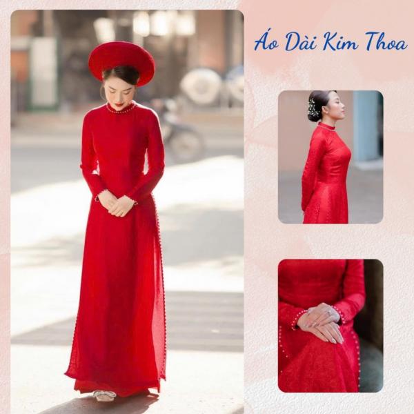 Áo Dài Cô Dâu Cưới Hỏi Gấm Đỏ 4 Tà ACD09