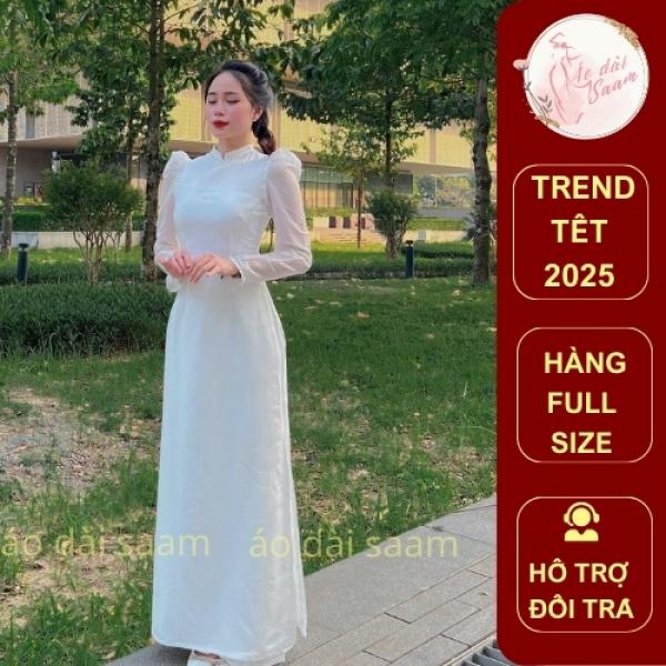 Áo dài cô dâu trắng, áo dài saam 2 tà vai bồng may sẵn cổ V chất liệu lụa đính hạt cao cấp