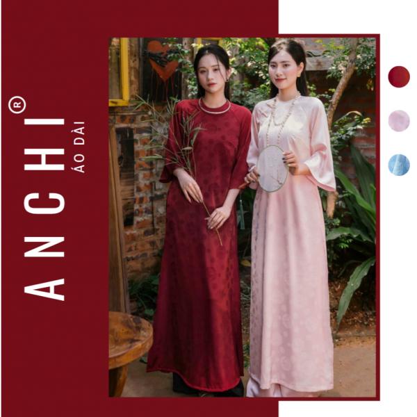 Áo Dài Dáng Xưa Thanh Chi, vải Gấm họa tiết cổ tròn tay lỡ, điểm nhấn đính 3 nơ - Áo Dài ANCHI