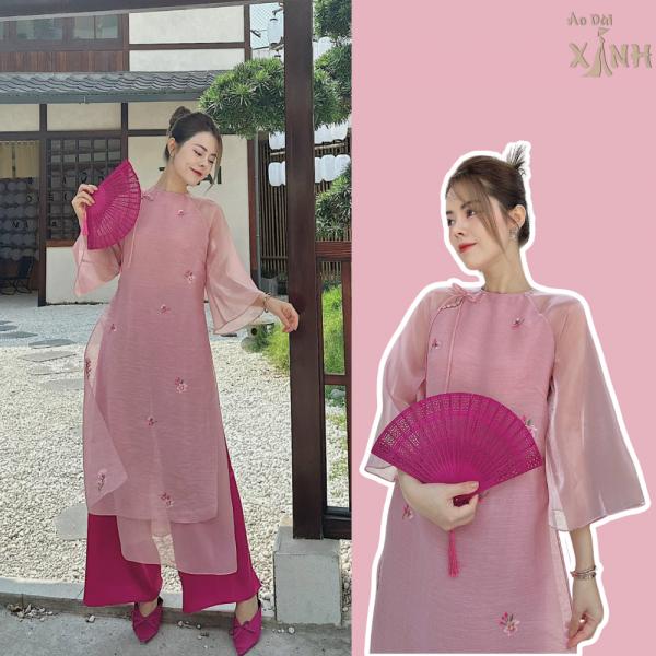 Áo Dài Dáng Xuông " Mộc Chi "  Màu Hồng vải Voan Tơ Crep Thêu Nhẹ nhàng - Áo Dài Bông