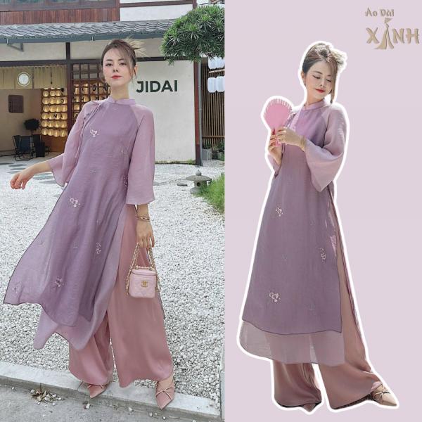 Áo Dài Dáng Xuông " Mộc Chi "  Màu Tím vải Voan Tơ Crep Thêu Nhẹ nhàng - Áo Dài Bông