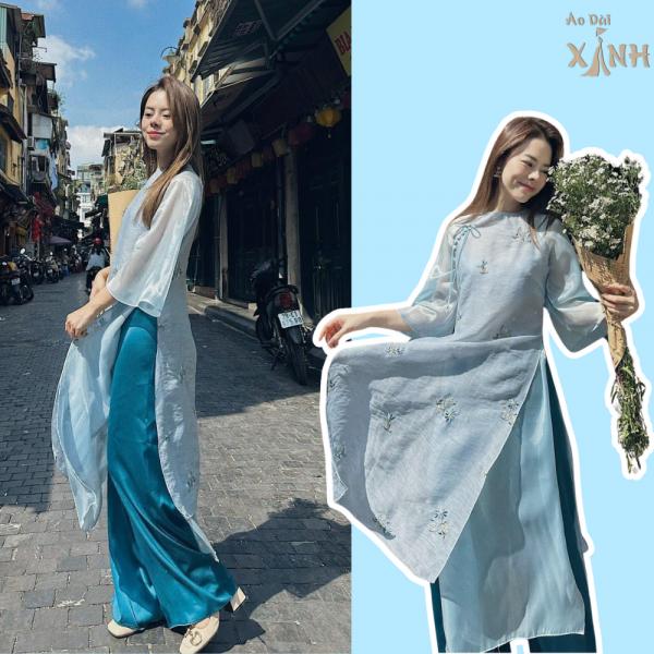 Áo Dài Dáng Xuông " Mộc Chi "  Màu Xanh vải Voan Tơ Crep Thêu Nhẹ nhàng - Áo Dài Bông