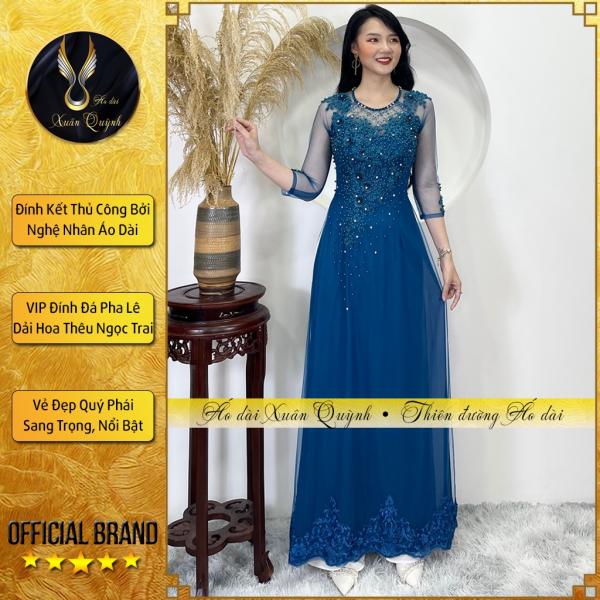 Áo Dài Đính Kết Đám Cưới Sui Gia 4 Tà, Đính Kết Dải Hoa Thêu M03 Xanh Cổ Vịt - Áo Dài Xuân Quỳnh