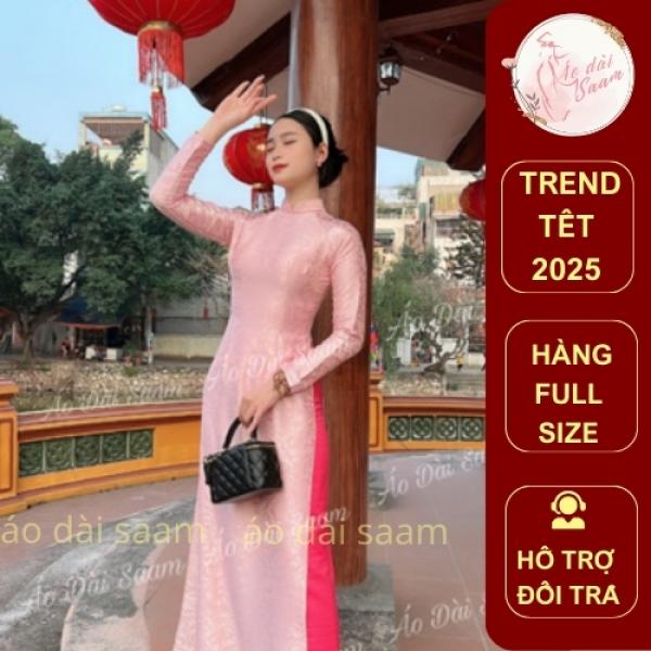 Áo dài gấm hồng áo dài saam form truyền thống tay dài mềm mát chụp ảnh mùa hè , bà sui trẻ trung