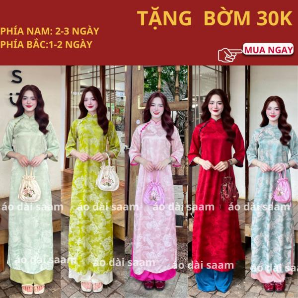 Áo dài gấm Long Phụng nữ cách tân mặc dịp Tết 2025 xu hướng màu đỏ đô, hồng, xanh mint, xanh cốm
