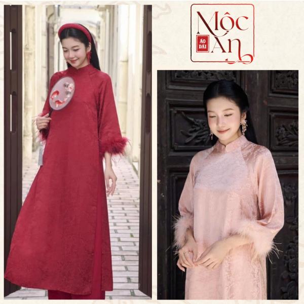 Áo Dài Gấm "Vân Sa Tay Đính Lông Vũ " Vải Gấm dáng suông  cao cấp - Áo Dài Mộc An