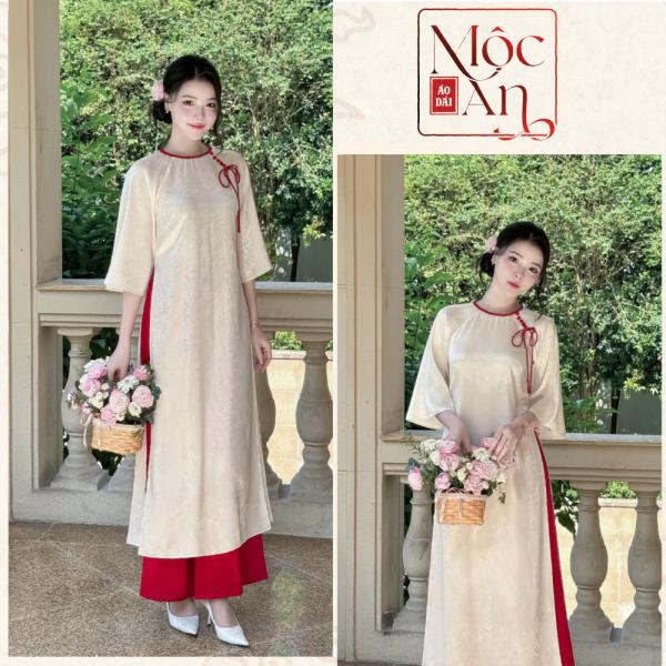 Áo Dài Gấm Xuông " Mộc Trà "  Phối Nơ Cúc tết Cổ Điểm Nhấn cao cấp dày đẹp - Áo Dài Mộc An Chính Hãng