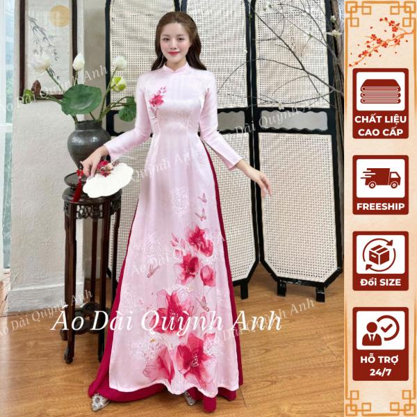 Áo Dài Hồ Điệp 5D, Áo dài truyền thống in 5D trên chất liệu lụa vân gỗ hoa hồng phối váy cao cấp hoa sen