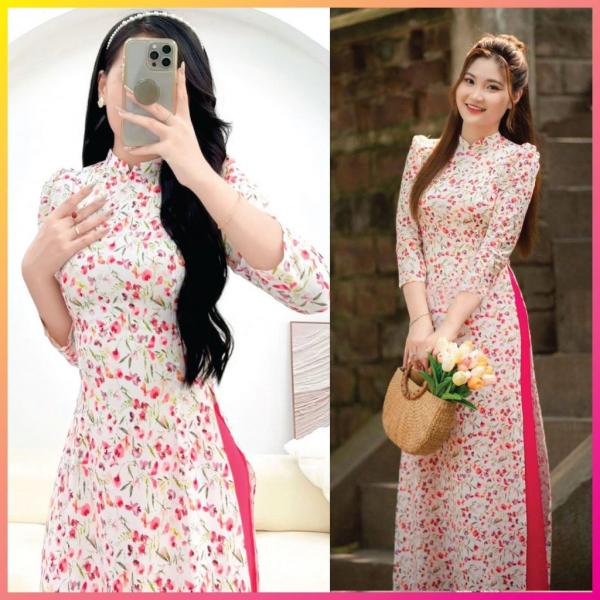 Áo dài hoa nhí Diệp Hồng, hoa nhí cổ 2cm, tay bồng - Áo dài Nữ điệu đà thanh lịch - Mã HN10