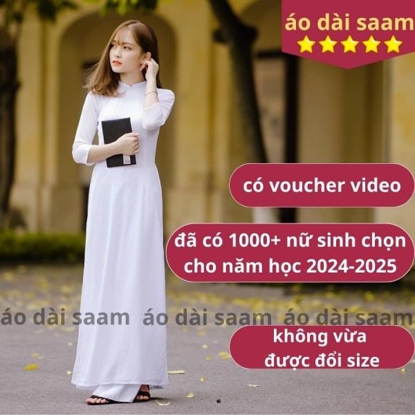 Áo dài học sinh nữ trắng  saam 2 tà tay lỡ cổ V lụa mỹ đồng phục kỉ yếu đi học, họp lớp, họp khóa