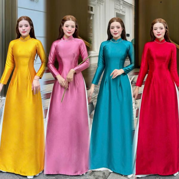 Áo dài lụa Valentino ÁO DÀI QUỲNH NGUYỄN áo dài nữ thiết kế 4 màu cổ cao đính cườm MÃTK183