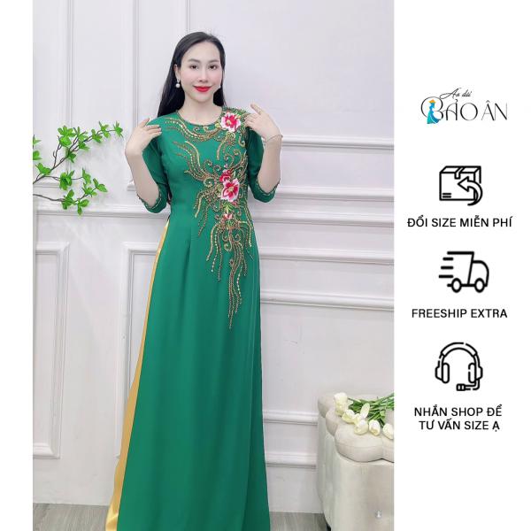 ÁO DÀI MẸ, BÀ SUI Áo Dài Màu Xanh rêu Lụa Mỹ, Hoa Thêu Thủ Công Phù Hợp Đi Lễ Cưới Hỏi Đi Tiệc