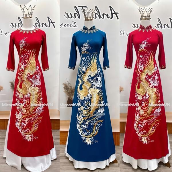 Áo dài mẹ sui, áo dài thêu khổng tước vải lụa mango đính kết sang trọng AD02