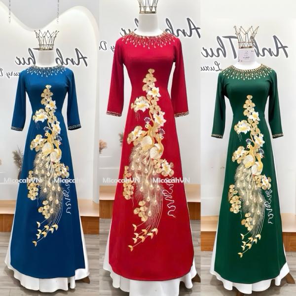 Áo dài mẹ sui, áo dài thêu phượng hoàng liên hoa vải lụa mango MC03