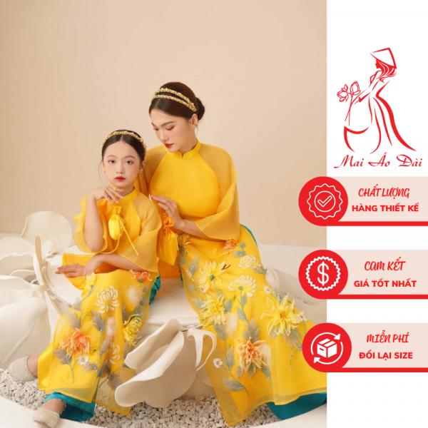 Áo dài mẹ và bé Cúc Vàng Mộc Trà, 4 tà 2 lớp, đính kết thủ công cao cấp {10-75kg}- Mai Áo Dài