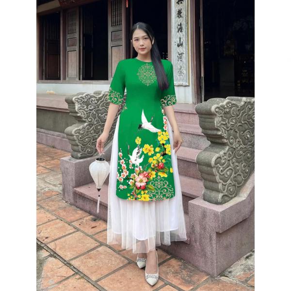 ÁO DÀI NHÀ BỐNG - Áo dài cách tân AD162A tà lỡ in mai hạt phối chân váy lưới dễ thương