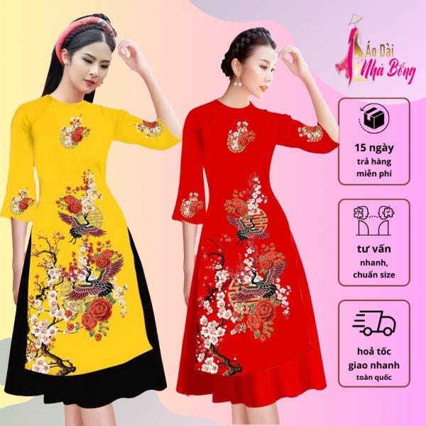 ÁO DÀI NHÀ BỐNG - Áo dài cách tân in chim hạt đậu trên cành đào AD037