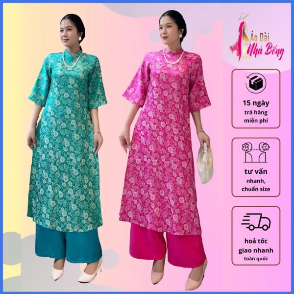 Áo dài Nhà Bống- Đẹp mê mẩn với áo dài gấm suông 2 da cổ trụ AD050