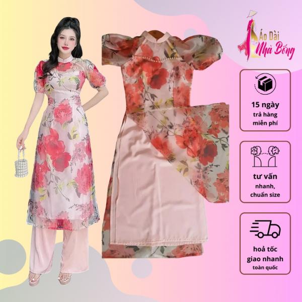 ÁO DÀI NHÀ BỐNG - [HCM] AD32  Áo dài cách tân tay phồng in hoa 4 tà cao cấp