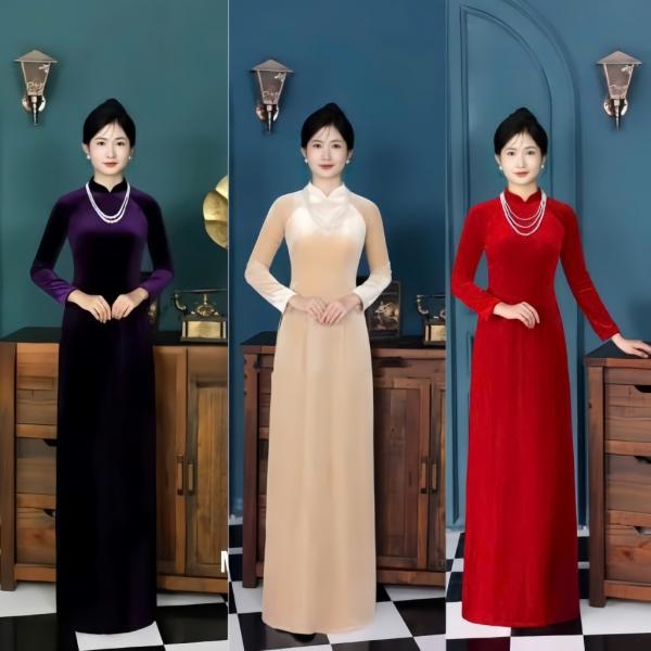 Áo Dài Nhung Truyền Thống Chất Liệu Cao Câp May Sẵn Dự Tiệc Lễ Tết Đẹp Quý Phái Sang Trọng