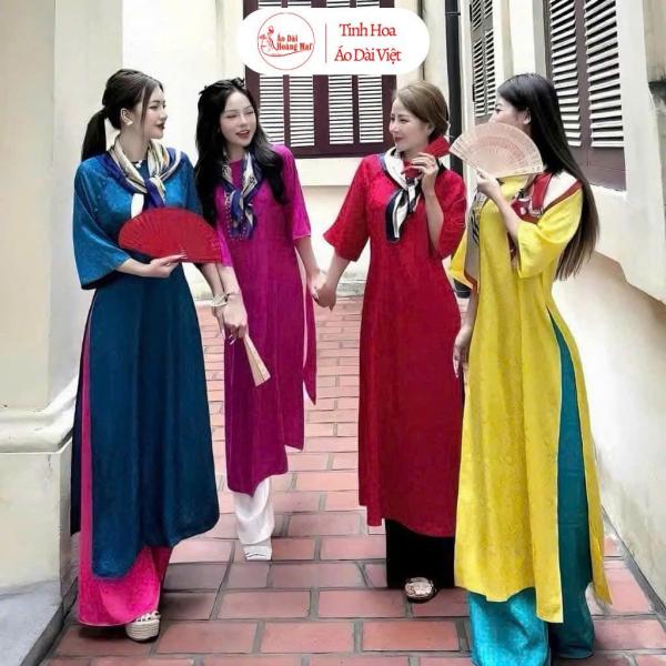 Áo dài nữ cách tân dáng suông gấm cổ tròn cúc bọc nhiều màu - Áo Dài Hoàng Mai