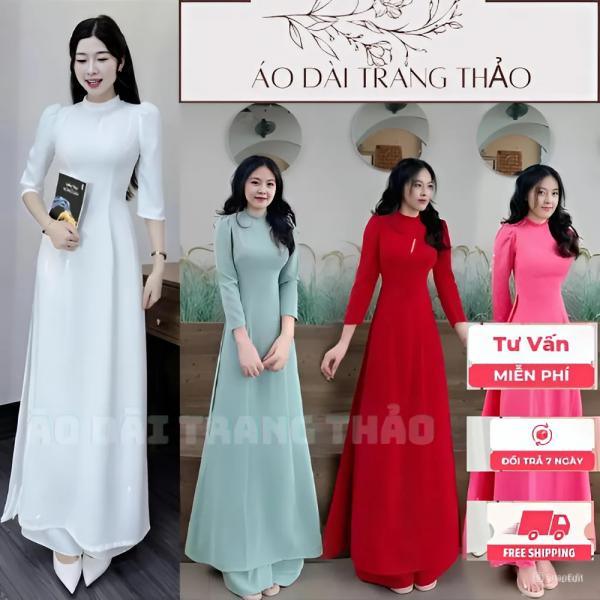 Áo Dài Nữ Đẹp Lụa Mỹ Trơn Cổ Xếp Ly Tay Bông Lỡ Co Giãn Mêm Mịn Tôn Dáng Trẻ Trung Hàng May Sẵn