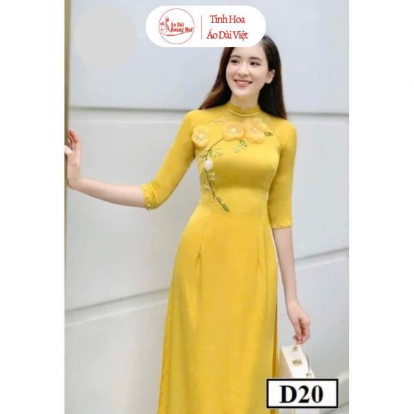 Áo dài nữ lụa Mỹ thiết kế nhiều mẫu vàng đỏ đính kết thủ công thêu tay - Áo Dài Hoàng Mai