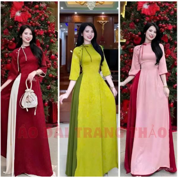 ÁO DÀI NỮ TRUYỀN THỐNG ( GẤM HOA GIÓ) CỔ LỆCH CÁCH ĐIỆU ĐÍNH NƠ ĐÍNH CÚC TAY LỠ TÔN DÁNG