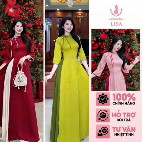Áo Dài Nữ Truyền Thống Gấm Hoa Gió Thiết Kế Cổ Lệch Cách Điệu Đính Nơ Đính Cúc Tay Lỡ Tôn Dáng